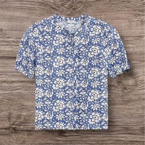 J Crew Linen-cotton blend ruffle top with puff sleeves  White/ Floral Summer XS